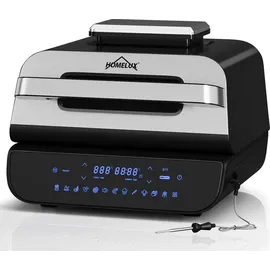 Homelux Foodi Grill & Heißluftfritteuse, 6-in-1 Airfryer Elektrischer mit Temperaturfühler, Touch-Steuerung, Max 230°C, 120-Minuten Timer, 1700W - Silber