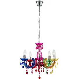 GLOBO Kronleuchter modern Pendelleuchte Schlafzimmerleuchte 5 flammig, Kristalle bunt, Metall Acryl, 5x E14, DxH 44 x 128 cm
