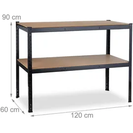Relaxdays Werkbank, 2 Ebenen, höhenverstellbar, Werktisch, zum Stecken, Werkstatt, Stahl, MDF, HBT 90x120x60 cm, schwarz