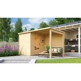 Karibu Saunahaus Außensauna Gartensauna Pepe 2 mit Anbaudach + 9kw Ofen und Easy Steuergerät Sparset 433 x 196 cm Farbe: Naturbelassen