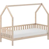 Vipack Hausbett »Cabane, mit Dachaufbau und Sprossenumrandung in Landhaus-Optik«, (B/H/T ca. 208x169x98 cm) aus massiver Eiche, Oberfläche Natur), sehr stabil und standfest gebaut inkl. Massivholz Rolllattenrost