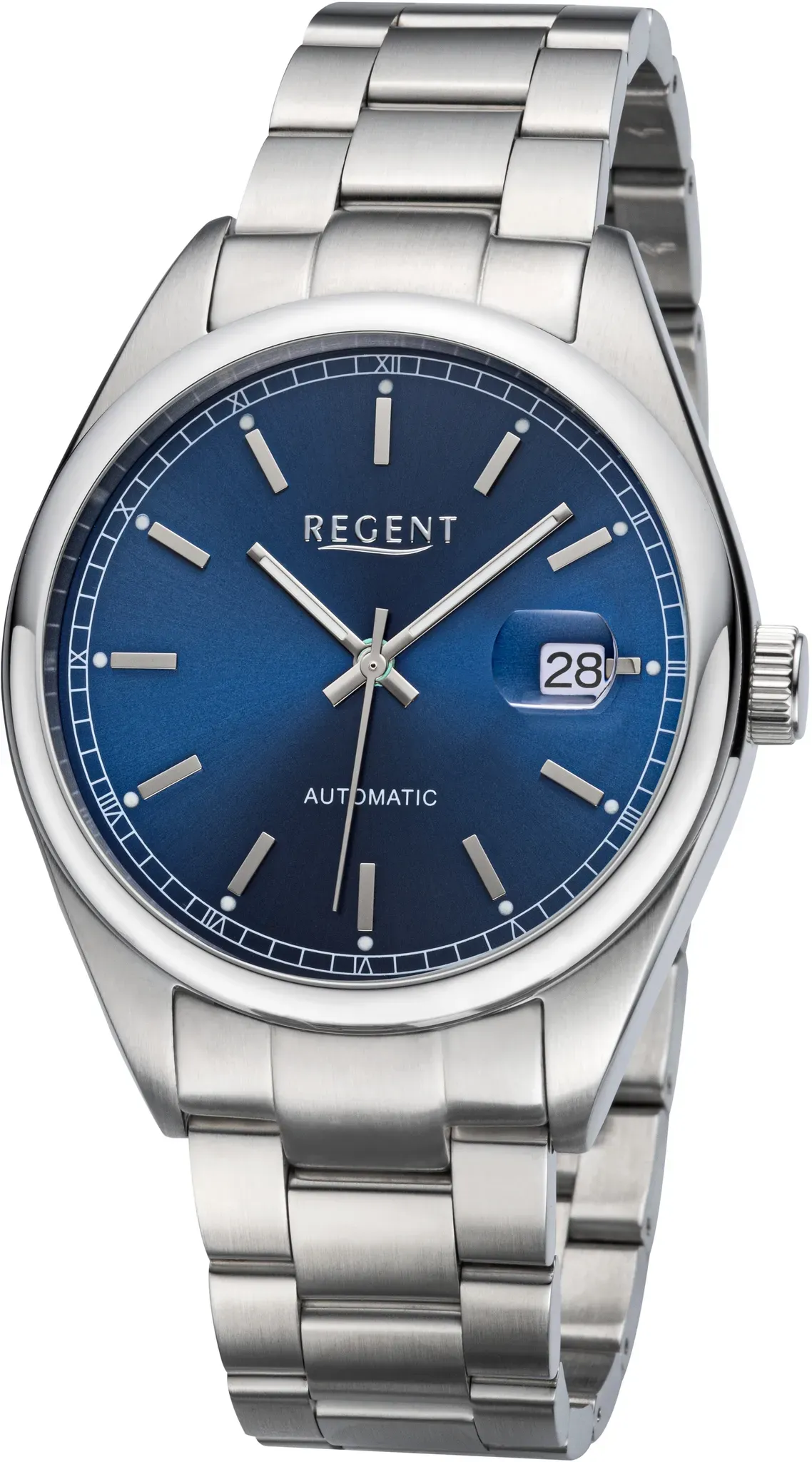 Automatikuhr REGENT, edelstahlfarben, blau, Armbanduhren, Herren, Automatikuhr, Armbanduhr, Herrenuhr, Mechanische Uhr, Edelstahlarmband, analog, Tag