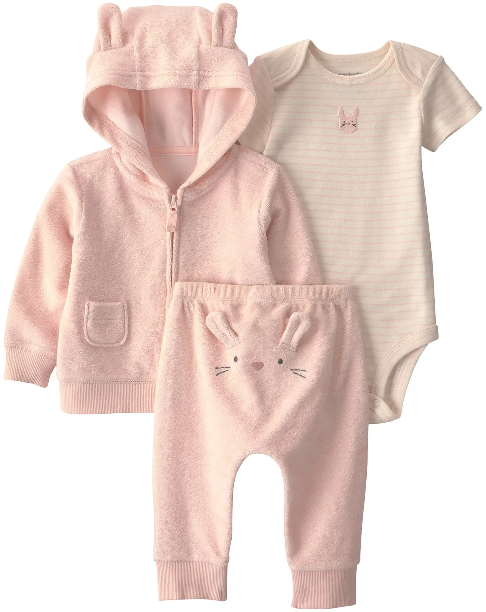 Carter's 3-tlg. Set Body kurzarm, Sweatjacke und Jogginghose Frottee Hase, rosa | natur, 68