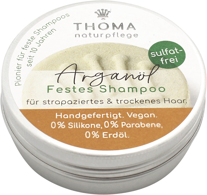 Arganölshampoo – vegan, THOMA Naturseifen-Manufaktur, für empfindliche Kopfhaut & feines Haar, 55 g, Aludose