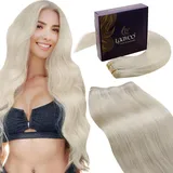 LaaVoo Haartressen Extensions Echthaar Blond Tressen Echthaar zum Einnähen Doppelt Tressen 50cm Echthaar Tressen Zum Einnähen Weißblond Dickes Haare Glatt #60 100g