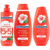 SCHAUMA Stärkungs-Shampoo Stronger for Longer (400 ml) & Spülung (250 ml) & 5&5 Multitalent-Kur (300 ml) stärkt langes Haar, Rosmarin & Hibiskus, Hitzeschutz für intensive Pflege & weniger Haarbruch