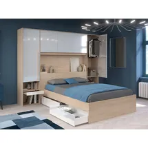 vente-unique Bett mit Stauraum + Lattenrost + Matratze - 140 x 190 cm - Mit LED-Beleuchtung - Holzfarben & glänzend weiß - VELONA