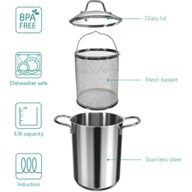 Navaris Spargeltopf Kochtopf Nudeltopf 3,9l - Topf zum Kochen von Spargel oder Spaghetti - aus Edelstahl mit Siebeinsatz - BPA-frei spülmaschinenfest