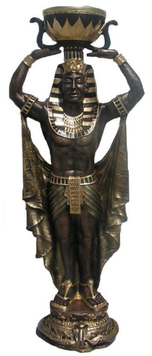 Casa Padrino Deko Skulptur Ägypter mit Blumentopf Bronze / Schwarz / Gold H. 130 cm - Wetterbeständige Ägyptische Dekofigur - Wohnzimmer Garten Terrassen Skulptur