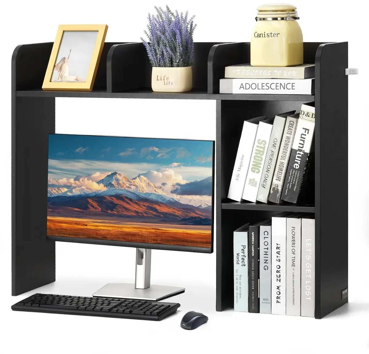 VEVOR Schreibtisch Bücherregal 2-stufiger Organizer ( 94,5 x 24,1 x 73,4 cm) Tischregale Schreibtisch Organizer Ausstellungsregal aus Spanplatten mit rutschfesten Füßen, für Büro Wohnheim, Schwarz