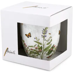Tasse 10cm Porzellan mit Blumen Gräser Insekten Motiv - 0,4L Keramiktasse Porzellangeschirr Kaffeetasse Teetasse Kakaotasse Frühling Sommer Grau Grün