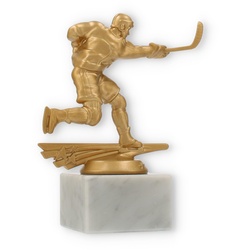 Pokal Kunststofffigur Eishockey Herren goldmetallic auf weißem Marmorsockel 15,8cm