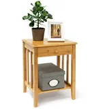 Relaxdays Beistelltisch mit Schublade HxBxT:51,5x40,5x30,5cm, aus robustem Holz, schmale Nachtkonsole 2 Ablagen, natur