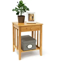 Relaxdays Beistelltisch mit Schublade HxBxT:51,5x40,5x30,5cm, aus robustem Holz, schmale Nachtkonsole 2 Ablagen, natur