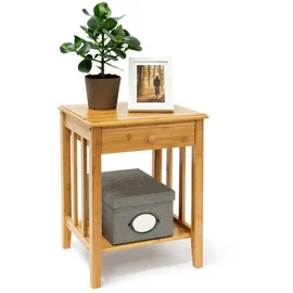 Relaxdays Beistelltisch mit Schublade HxBxT:51,5x40,5x30,5cm, aus robustem Holz, schmale Nachtkonsole 2 Ablagen, natur