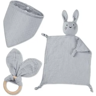 Baby Geschenk Junge Mädchen Neugeborene Geschenkset Babygeschenke 3 Stück Geschenke zur Geburt mit Schnuffeltuch Hase und Beißring Holz und Lätzchen Baby für Neugeborenen Babyparty Sachen (Grau)