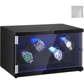 Vevor Uhrenbeweger für 4 Automatikuhren mit LED-Beleuchtung Max. 20 cm Riemenlänge Schwarz