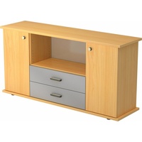 bümö Sideboard office Sideboard mit 2 Schübe & 2 Türen, Dekor: Buche - Griffe: Knauf/Streifengriff braun