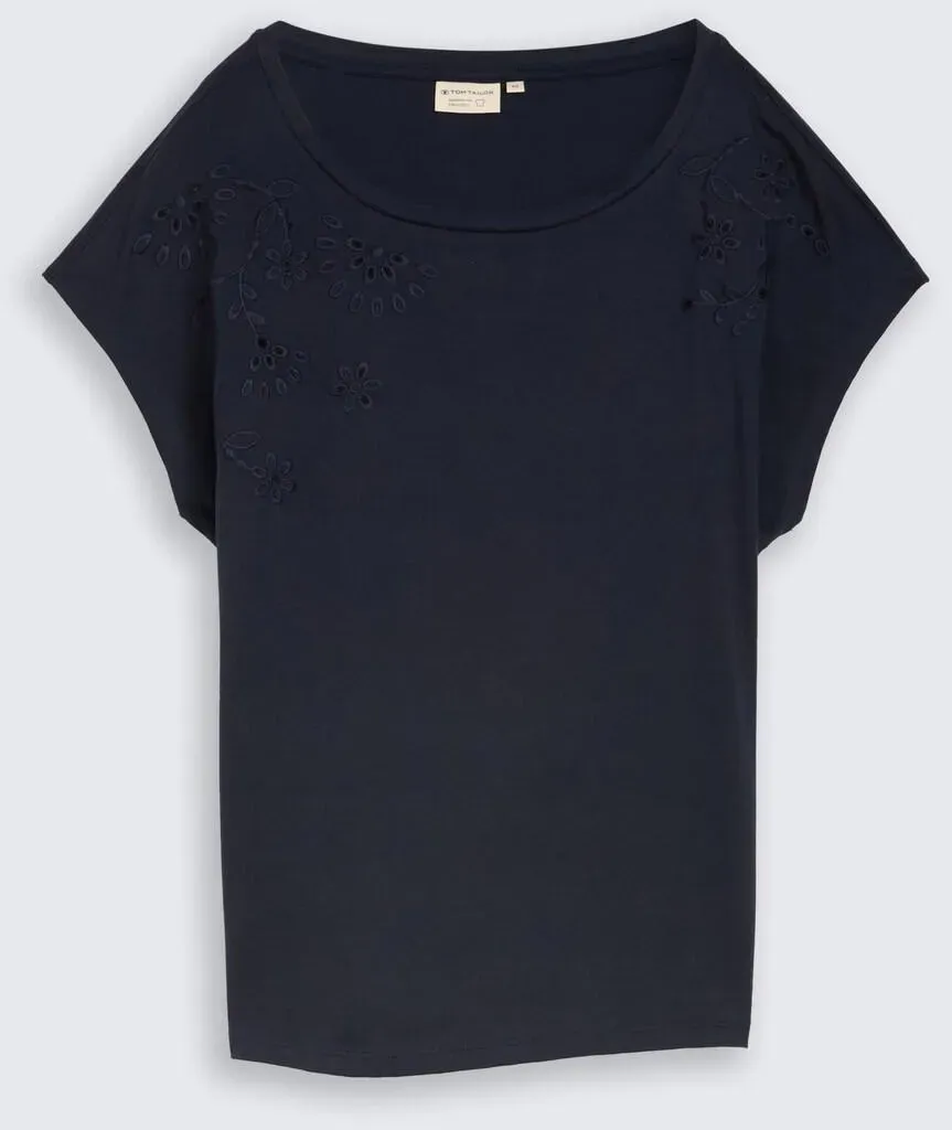 TOM TAILOR Damen T-Shirt mit Lochstickereien, blau, Uni, Gr. XS