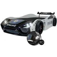 Coemo Autobett V2 POLICE Kinderbett 90x200 Schwarz/Weiß mit Spoiler LED-Licht und Lattenrost - Weiß