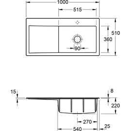 Villeroy & Boch Subway Style 60 rechts Einbau Keramikspüle weiß alpin Excenterbetätigung 1000 x 510 mm