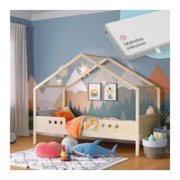 bellabino Bela Kinderbett 90x200 cm – Hausbett mit Matratze, Rausfallschutz & Lattenrost – Kinder Bett für Jungen und Mädchen aus Massivholz Kiefer – Montessori Kinderhausbett in Natur