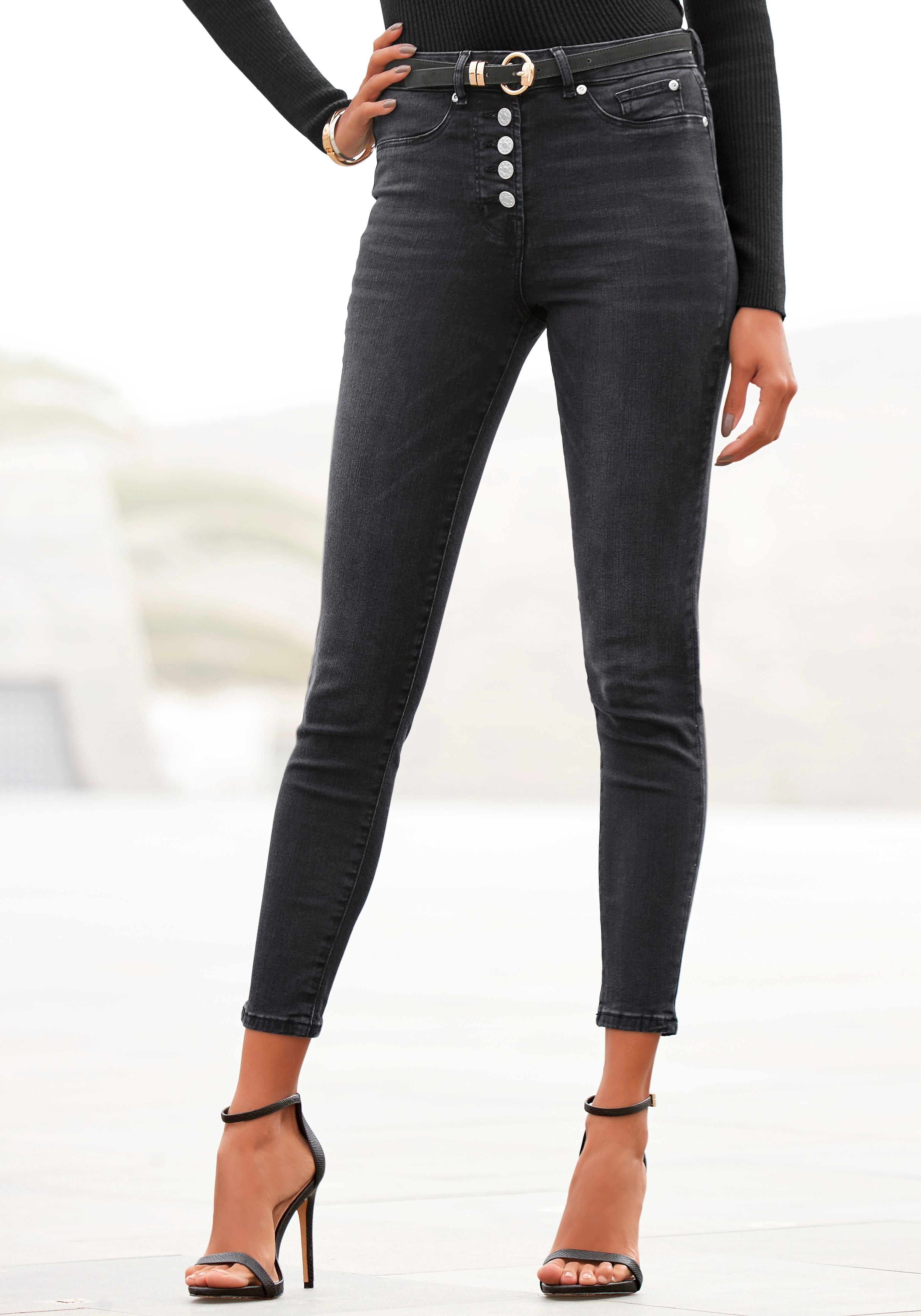 High-waist-Jeans BUFFALO Gr. 42, N-Gr, schwarz Damen Jeans Strandhosen