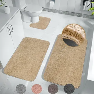 Achiiso Badematten Set 3 Stück,rutschfeste Badezimmer Toilettenmatte, Super saugfähige Mikrofaser Badezimmer Badematte Maschine waschbar Badteppich(Beige,U40*50+50 * 60+50 * 80cm)