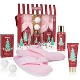 BRUBAKER Cosmetics Bade- und Dusch Set Winter Beeren Duft - 6-teiliges Geschenkset mit Plüsch Hausschuhen rosa - Weihnachtsset für Freundin