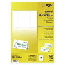 Sigel Tischkarte, Inkjet/Laser/Kopierer, Papier, 185 g/m2, 100 x 60/120 mm, weiß (40 Stück), Sie erhalten 1 Packung á 40 Stück