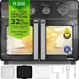 TurboTronic digitaler Heißluftofen - XXL 32 Liter mit Drehspieß für Hähnchen 4in1 Mini Backofen & Power Heißluftfritteuse Airfryer ab 80°C