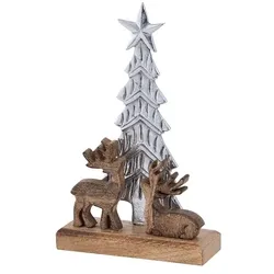 Amagohome Dekofigur Weihnachtsbaum mit Hirschen 20x31cm Weihnachtsdeko Mangoholz Aluminium
