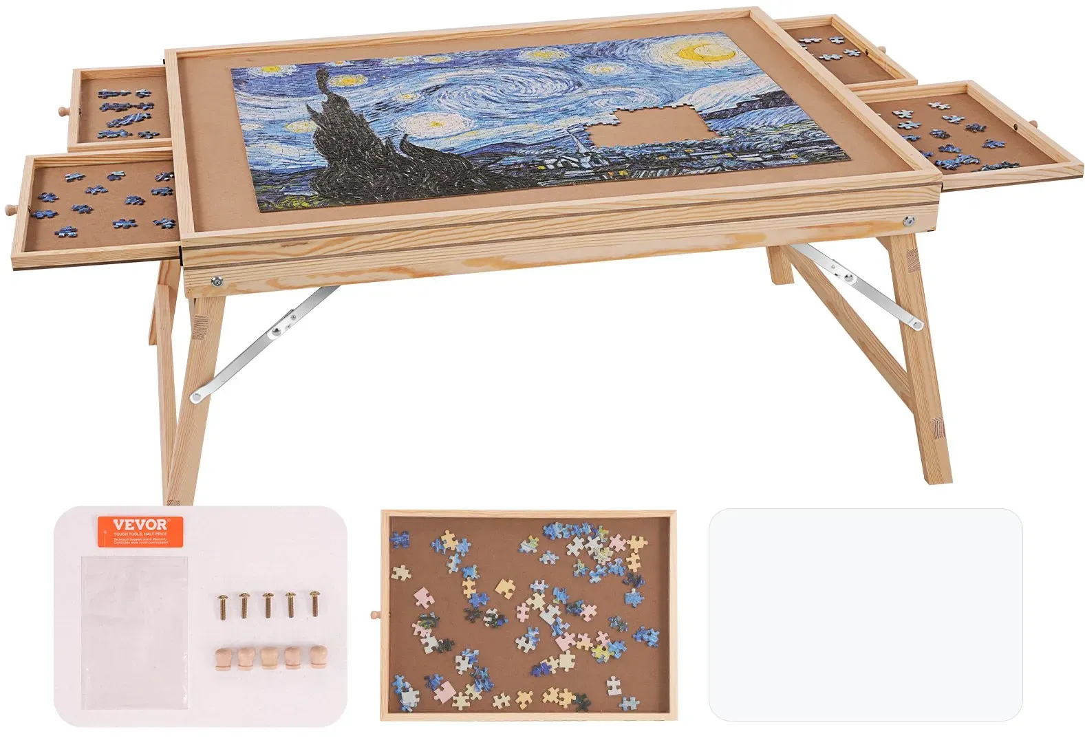 VEVOR Klappbarer Puzzletisch Puzzle Brett 1500 Teile, Puzzle Staffelei Kiefer Tragbarer Puzzletisch, Puzzel Board mit 4 Ausziehbaren Schubladen, Puzzlespaß Spielspaß für Erwachsene & Kinder