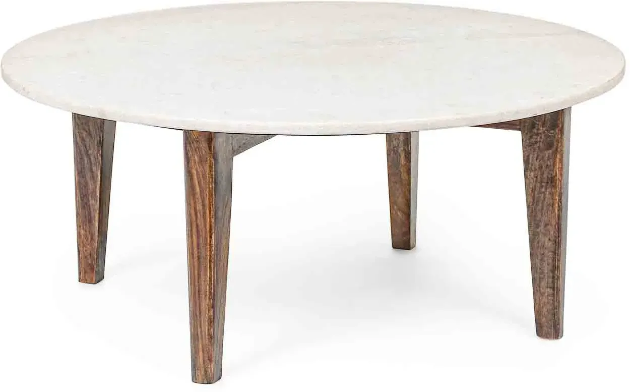 Beistelltisch Sylvester aus Marmor, rundes Design mit Mangoholz-Gestell, klassisch, weiß, Ø 75 cm