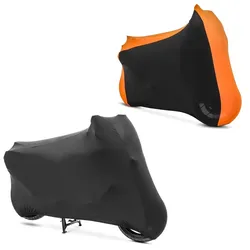 Set: Motorradabdeckung Indoor XL-XXL Stretch Garage in schwarz-orange + Motorradabdeckung Indoor XL-XXL Stretch Garage in schwarz