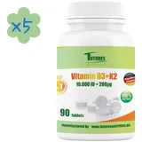 5x90 Vegane Tabletten Vitamin K2 Vitamin D3 10000 I.E + K2 MK7 200 mcg