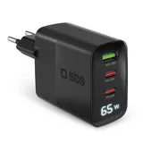 SBS LCD-Netzteil 65 W, GaN-Technologie, Power Delivery (PD), Schnellladung, USB-C- und USB-A-Ladegerät mit LCD-Display, - schwarz