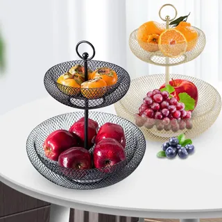 Xigner Obstschale 2 Etagen Obstschale Modern Obstkorb Etagere für Küchentheke,Obstkorb Etagere, Metall-Obstkorb,Snack-Dessert-Kuchen-Tablett-Tellerregal (Schwarz)