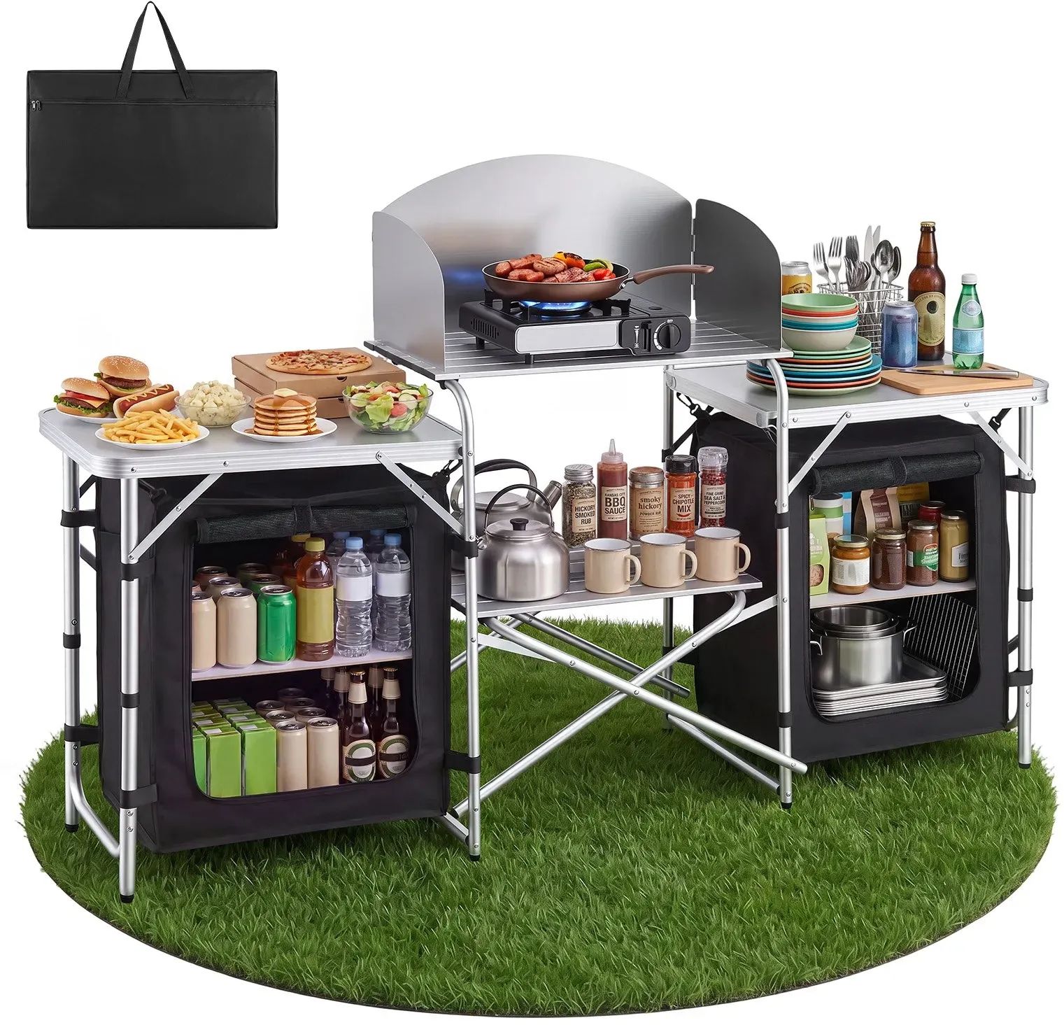 VEVOR Klappbare Campingküche, Campingschrank mit 2 MDF-Beistelltischen, Abnehmbarem Windschutz für den Kocher, 2 Stauräumen & X-förmigen Beinen, Camping-Küchenstation für Picknick, Grillen & Reisen