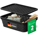 Novaliv 2er Set Eleganter Aufbewahrungskorb mit Deckel in Rattan-Optik | Schwarz Lebensmittelecht Kunststoff 1L ? Perfekt für Bad & Kleidungsaufbewahrung. Aufbewahrungsbox Badezimmer Körbchen.