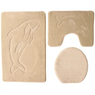 Ilkadim Delphin Badgarnitur 3 TLG. Set 55x85 cm einfarbig, WC Vorleger mit Ausschnitt für Stand-WC (beige)