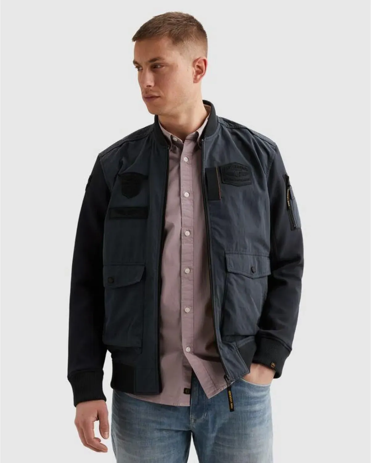 Bomberjacke PME LEGEND, Herren, Gr. L, mood indigo, Web, Obermaterial: 68% Baumwolle, 32% Nylon, normal hüftlang, angesetztes Bündchen, Jacken Bomberjacke, Ärmel aus Sweatware, Vorder- und Rückenteil aus Webware
