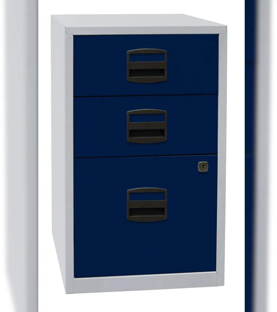 Bisley Home Beistellschrank mit Schloss aus Stahlblech, 2 Universal-Schubladen + 1 Hängeregistratur-Schublade einbahnig abschließbar - für