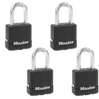 Master Lock Schlüsselschloss für den Außenbereich, robustes wetterfestes Vorhängeschloss mit Abdeckung, gleichschließende Vorhängeschlösser für den Außenbereich, 4 Stück, M115XQLF, schwarz