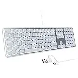 TECURS Mac Tastatur Kabelgebunden Leise PC Tastatur Beleuchtet, QWERTZ Deutsch MacBook Tastatur mit Multimedia, USBA/USB-C-Adapter, Kompatibel mit Mac OS/iOS, iMac/MacBook Pro/Air, Silber & Weiß