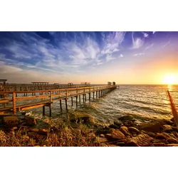Fototapete PAPERMOON "HOLZ-BRÜCKE-TEXAS PIER STEG MEER SEE STRAND SONNE BUCHT", bunt, B:3,00m L:2,23m, Vlies, Tapeten