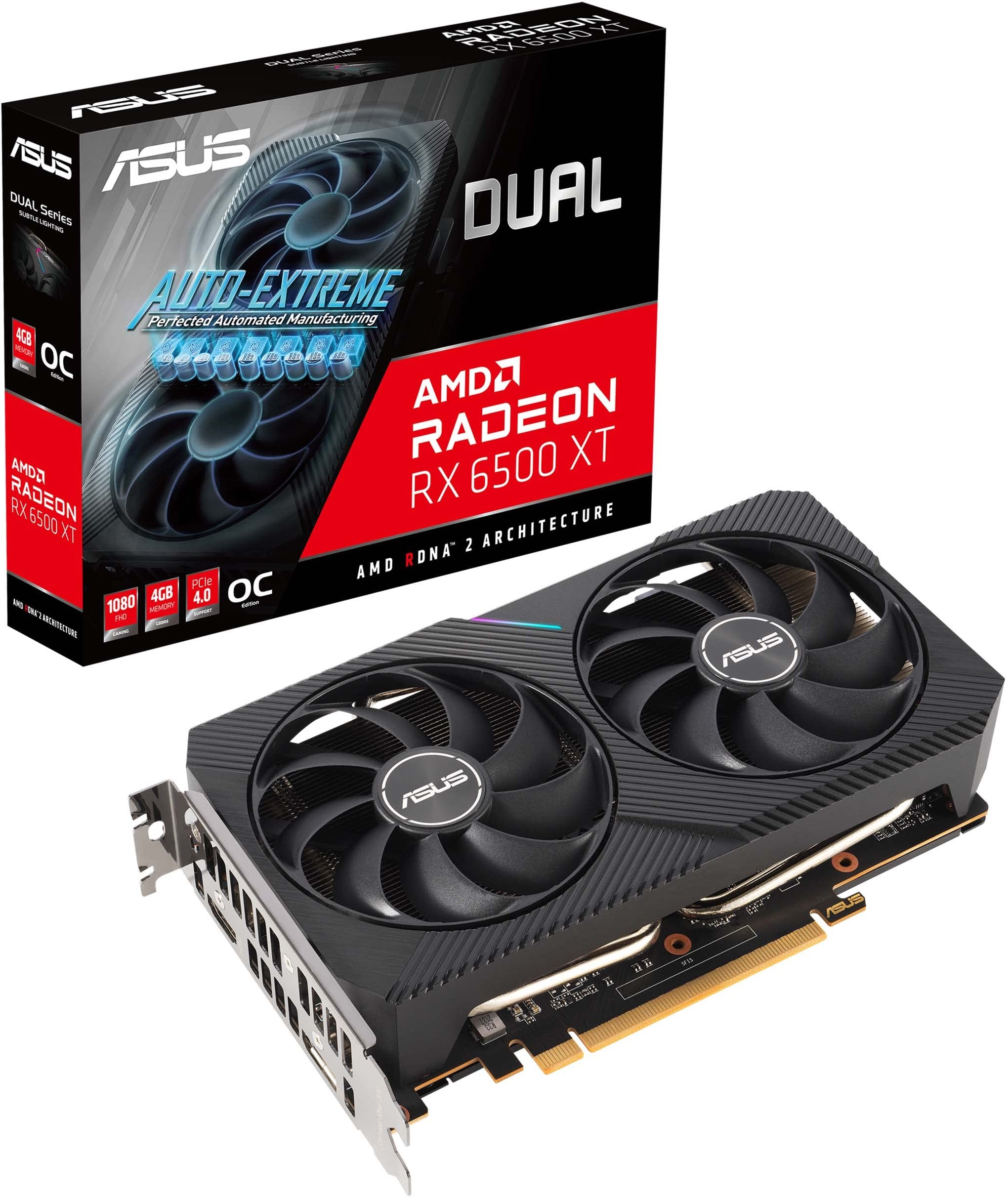 ASUS Dual AMD Radeon RX 6500 XT OC Edition Gaming Grafikkarte (AMD Radeon RX6500XT 4GB GDDR6, PCIe 4.0, 1x HDMI 2.1, 1x DisplayPort 1.4a, DUAL-RX6500XT-O4G)