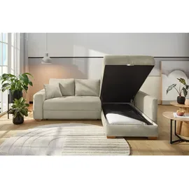 luma-home Dauerschlaf-Ecksofa Boxspring Federkern-Couch Topper Bettkasten, Cord Beige Grau / 15212
