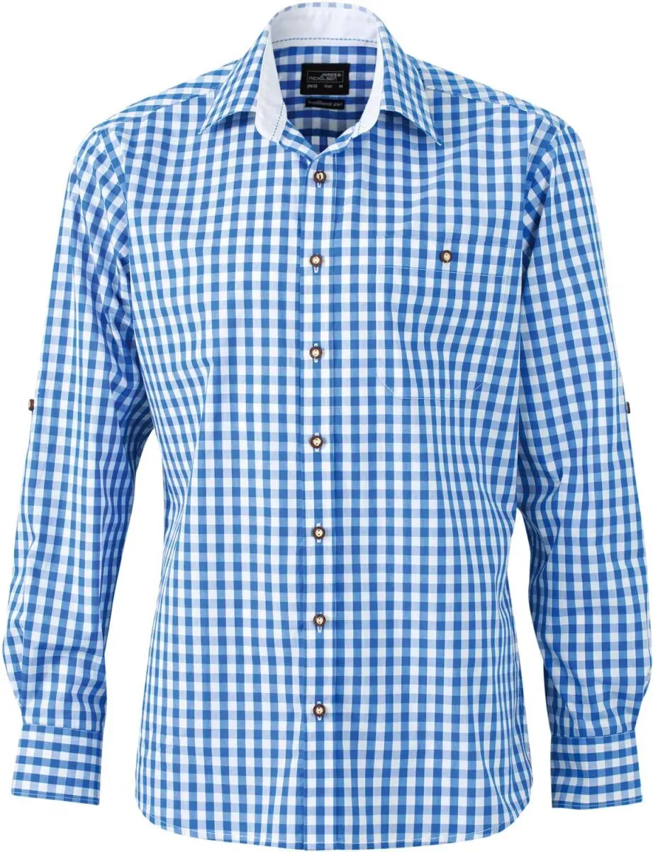 James & Nicholson Herren Popeline Karo Trachten Hemd JN638 royal/white L