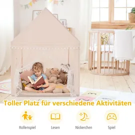 Costway Kinderspielhaus Kinderzelt, Kinderspielzelt für 3-4 Kinder mit Massivholzrahmen & Baumwolldecke 120x105x140cm Beige, Braun - Beige
